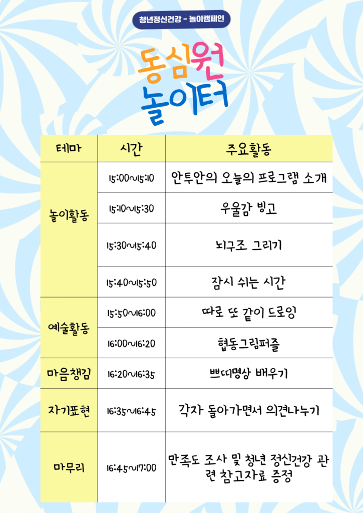 청년공익활동가학교 29기 직접행동
청년정신건강 : 동심원놀이터 
일정표