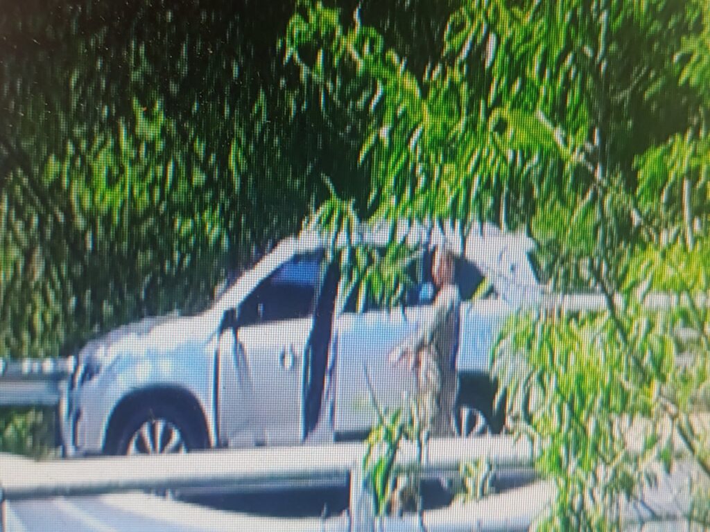 CCTV 화면 캡쳐 장면으로, 나무 뒤 하얀 차 앞에 군복을 입은 백인 남성이 서 있다