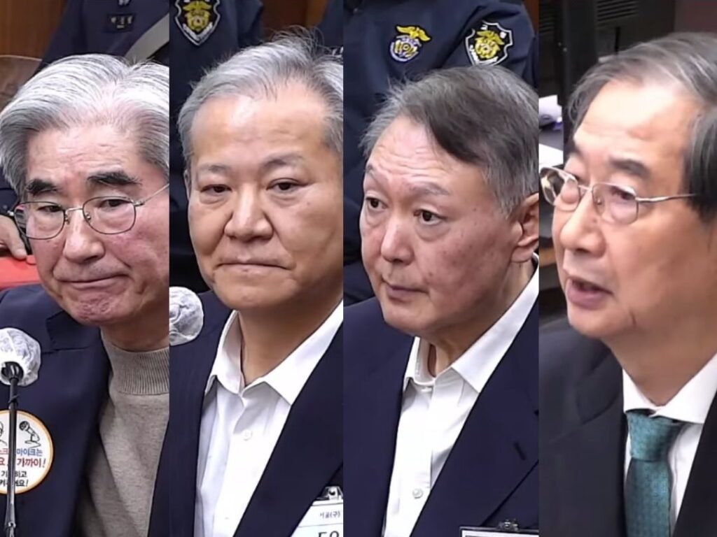증언하고 있는 김용현, 이상민, 윤석열, 한덕수. 서울중앙지방법원 공판 중계 유튜브 갈무리