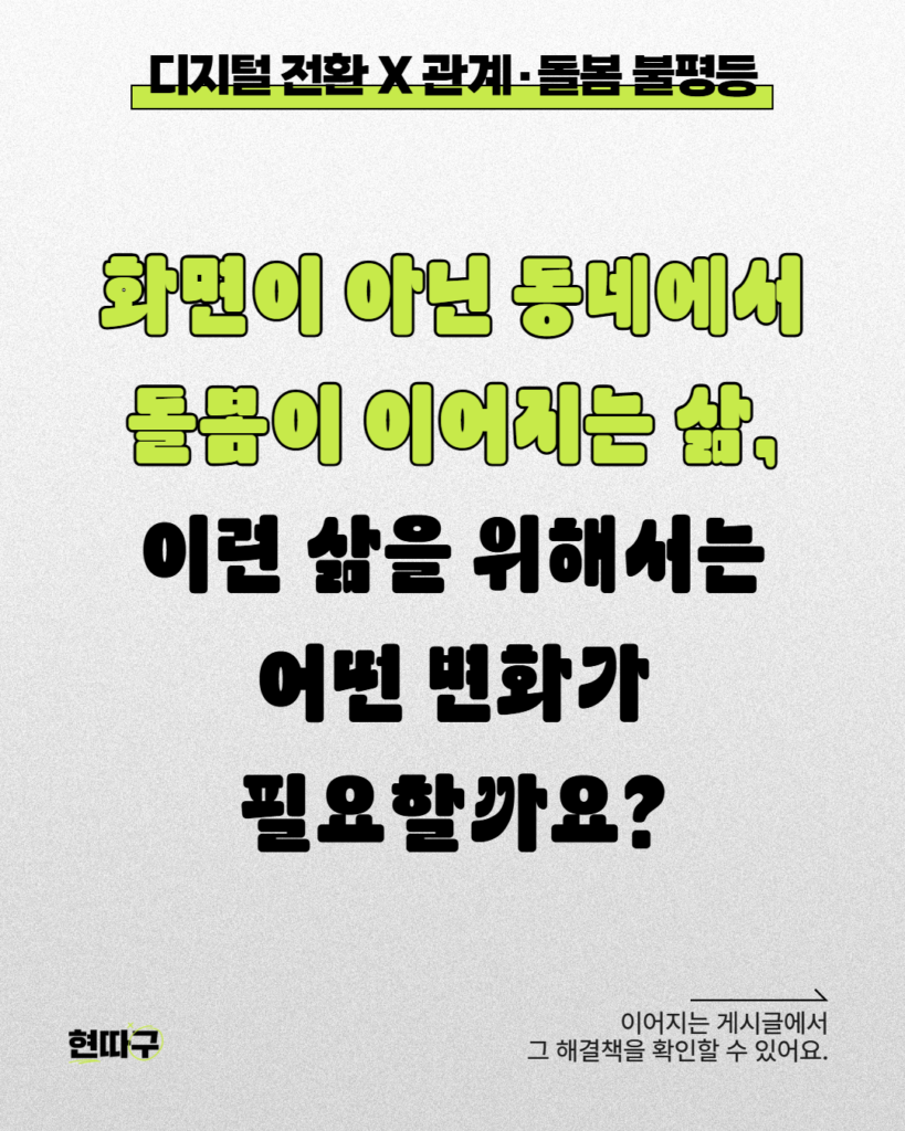 밝은 회색 배경 위에 굵은 검정·연두색 글씨로 “화면이 아닌 동네에서 돌봄이 이어지는 삶, 이런 삶을 위해서는 어떤 변화가 필요할까요?”라는 문구가 크게 적혀 있다. 상단에는 “디지털 전환 X 관계·돌봄 불평등” 제목이 있으며, 우측 하단에는 “이어지는 게시글에서 그 해결책을 확인할 수 있어요.”라는 안내 문구가 들어가 있다.